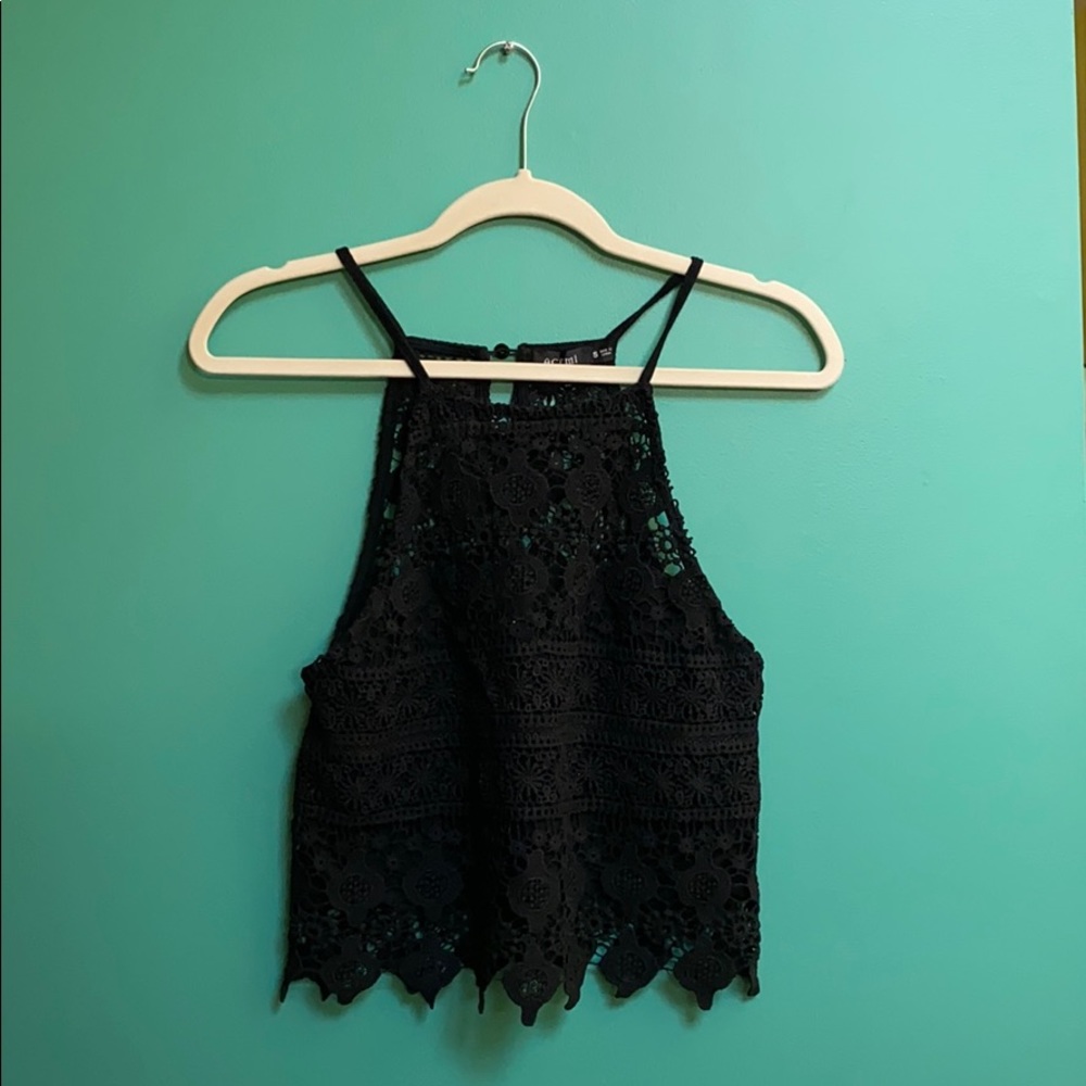 Small black crochet halter crop top.